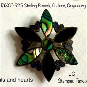 Vintage Taxco Sterling Abalone, Onyx Daisy, Heart Brooche Stamped Los Castillo